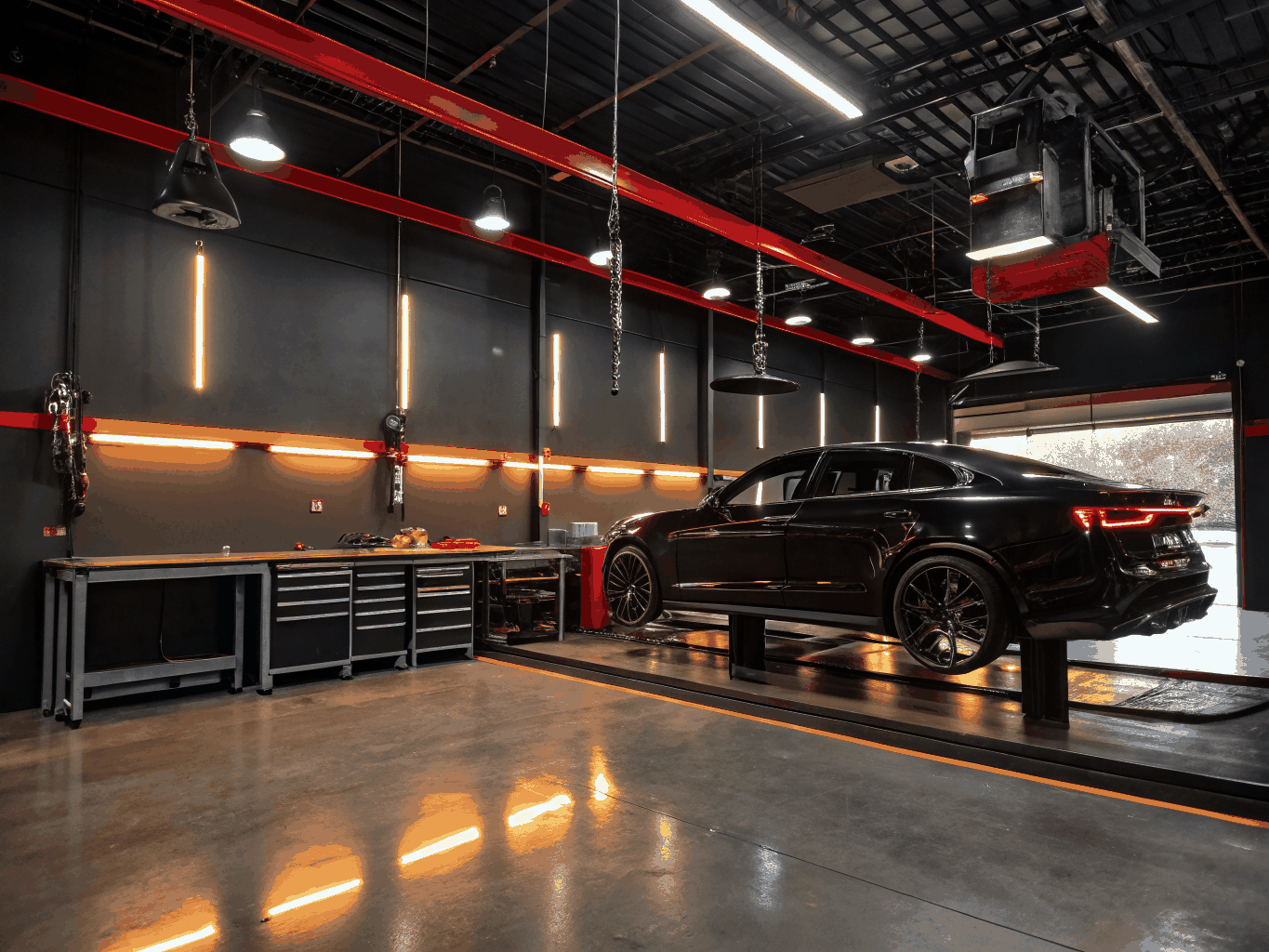 LMP3 prototype and automotive workshop atmosphere